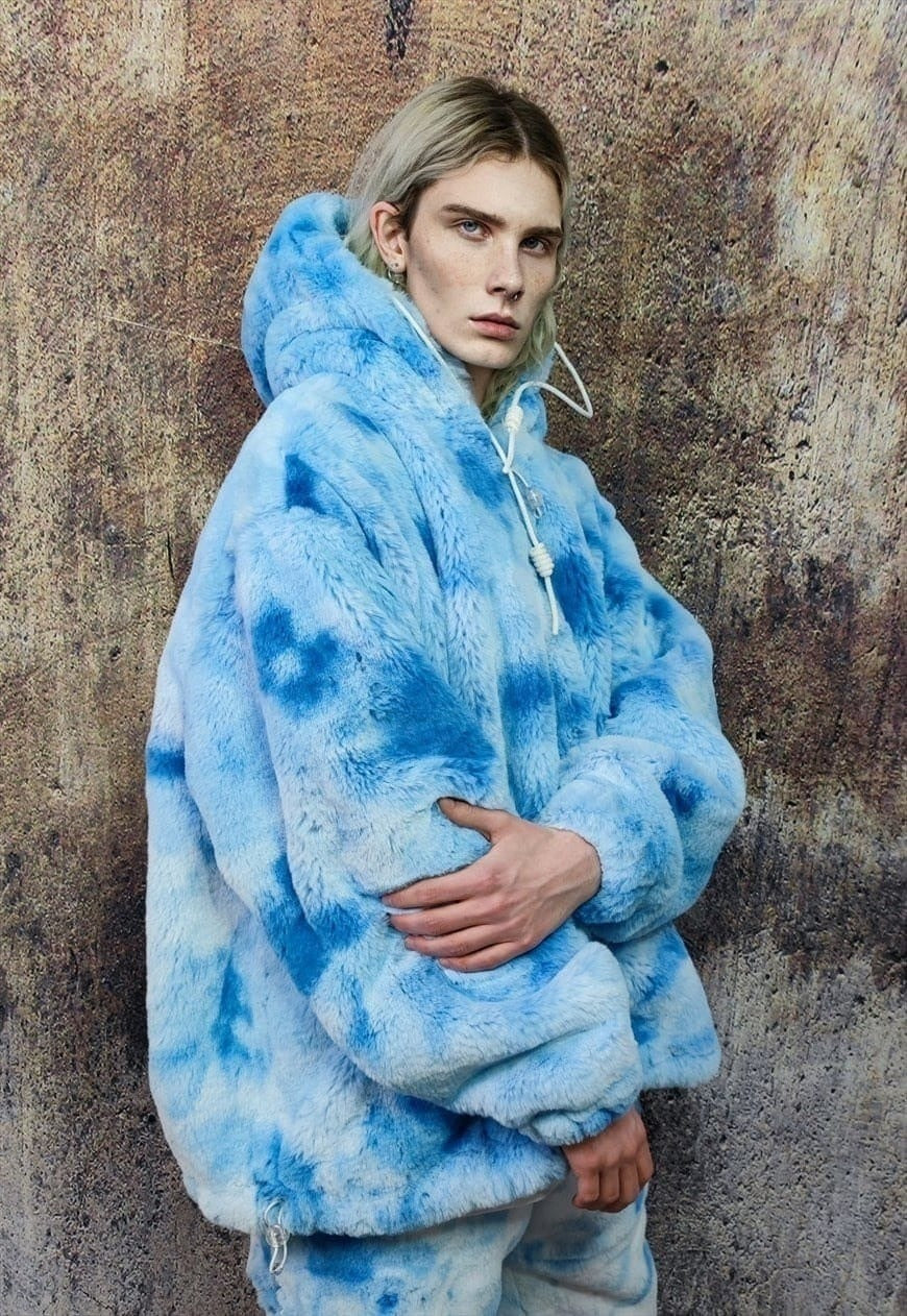 Tie-dye fleece jacket detachable faux fur fest bomber blue