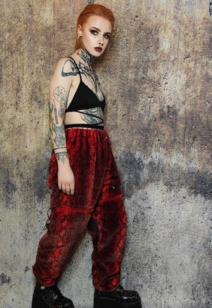 Snake fur joggers handmade luxury python fleece pants in red