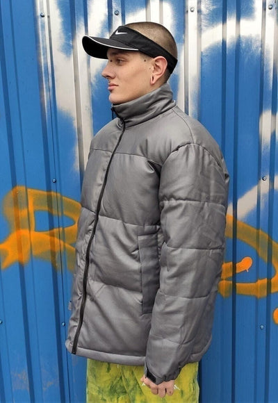 PU leather quilted bomber rubber padded puffer jacket grey