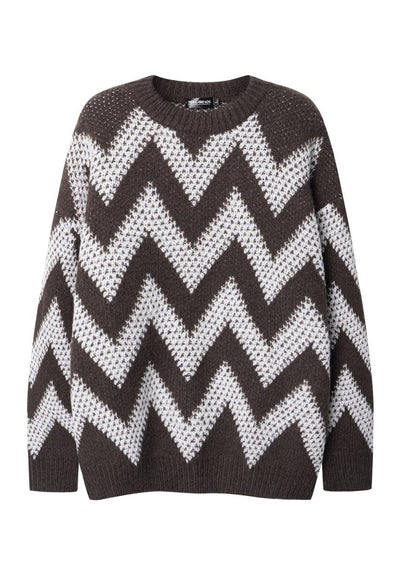 Striped sweater zigzag jumper knitted mesh top in brown