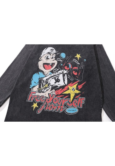 Vintage cartoon t-shirt long sleeve skater top in acid grey