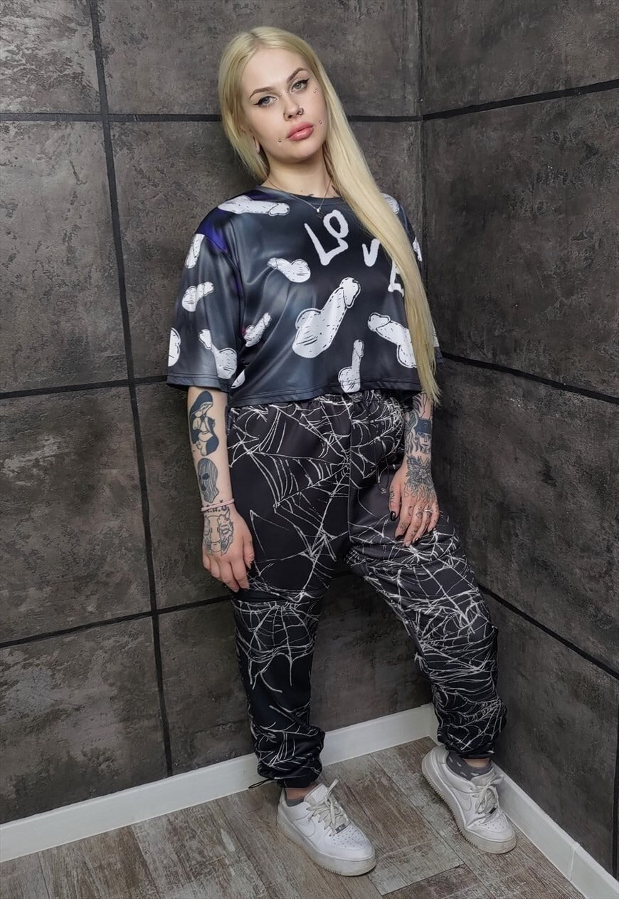Spider web joggers detachable handmade Goth shorts rap pants