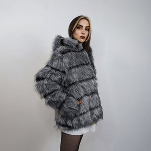 Striped fox fur jacket hooded grey shaggy mink coat fuzzy going out bomber mountain party fleece fancy dress fluffy peacoat rocker overcoat