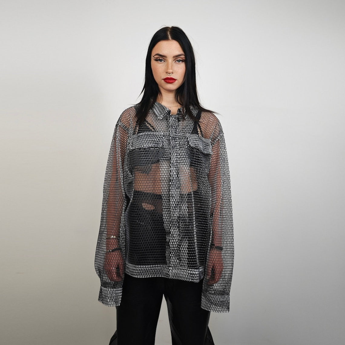 Mesh jacket black transparent Gothic bomber long sleeve rocker coat sheer jumper edgy gay shirt retro 00s see-though punk pullover sheer top