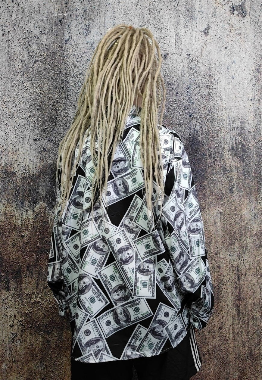 Dollar shirt money print long sleeve top in white black