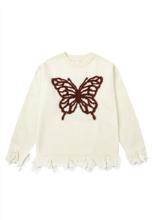 Ripped sweater cream butterfly jumper grunge knitted top