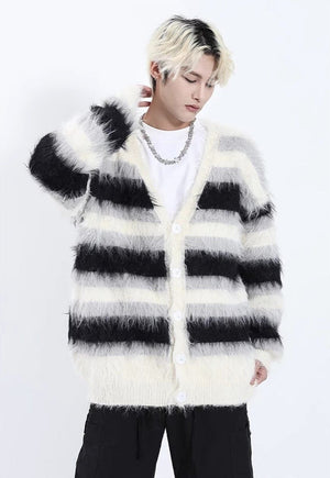 Striped fluffy cardigan knitted long hair jumper woolen top