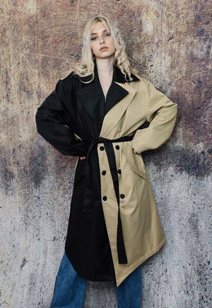 Contrast colour stitched trench coat asymmetric mac in cream