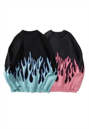 Flame sweater oversize knitted fire jumper Korean top blue