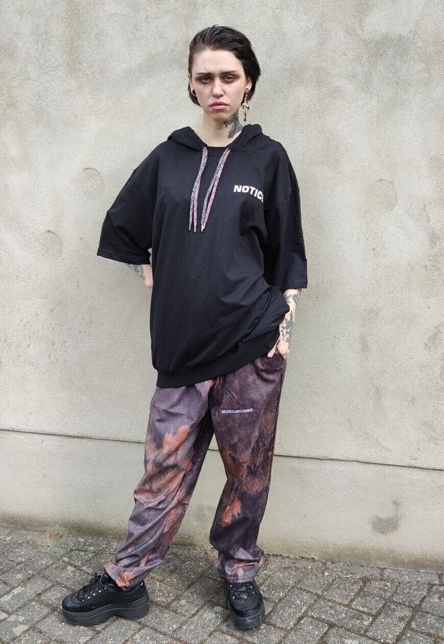 Half sleeve oversized hoodie double lace pullover in black