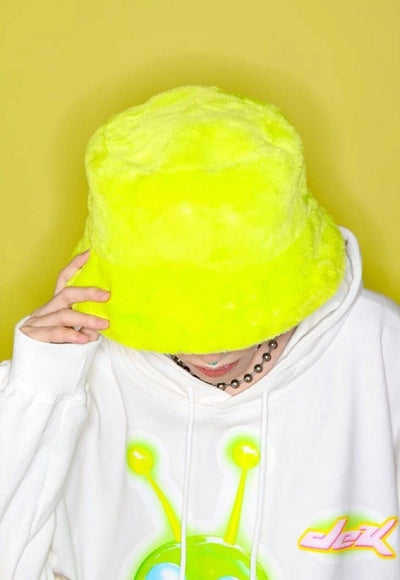 Festival faux fur bucket hat fluffy neon hat rave cap lemon