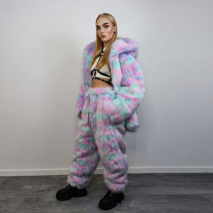 Hooded candy faux fur jacket unicorn bomber neon raver puffer fluffy tie-dye fleece psychedelic festival coat burning man party trench pink