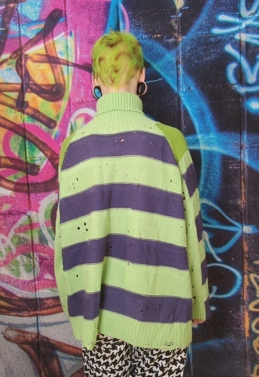 Ripped stripe sweater Zigzag jumper in acid green and purple