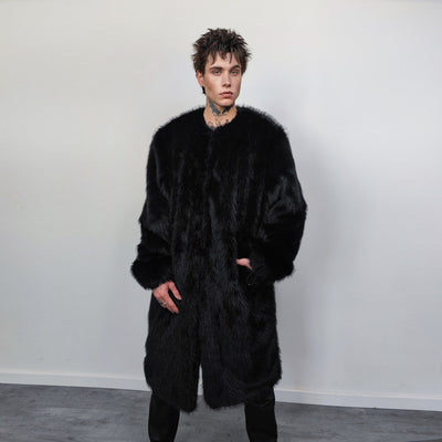 Long faux fur coat handmade fluffy luxury bomber premium fleece jacket detachable sleeve trench in black