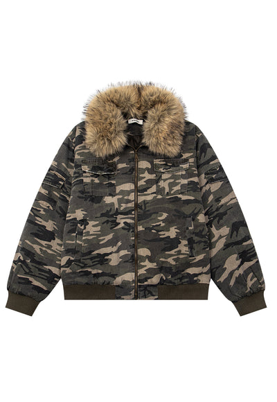 Miltary print aviator jacket faux fur collar camo bomber