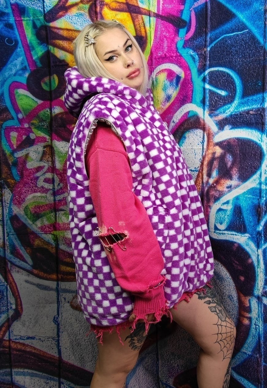 Check fleece hooded jacket detachable fluffy checkboard coat