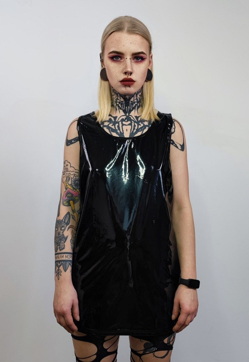 Rubber vest PU grunge top black sleeveless gothic tank top