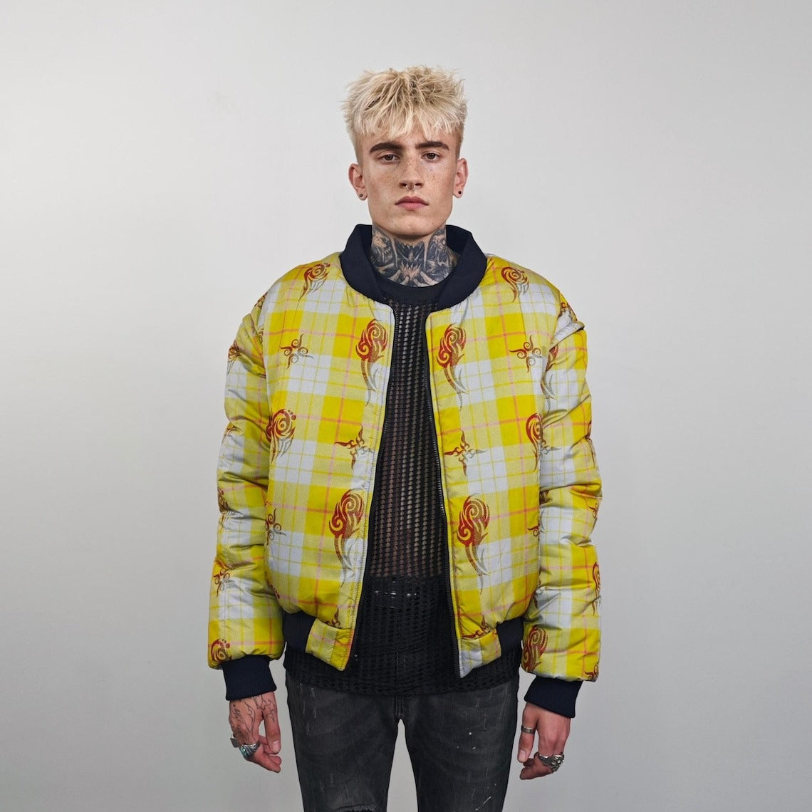 Tribal bomber yellow tattoo print jacket Aztec reversible college varsity detachable sleeves handmade checked puffer grunge plaid punk coat