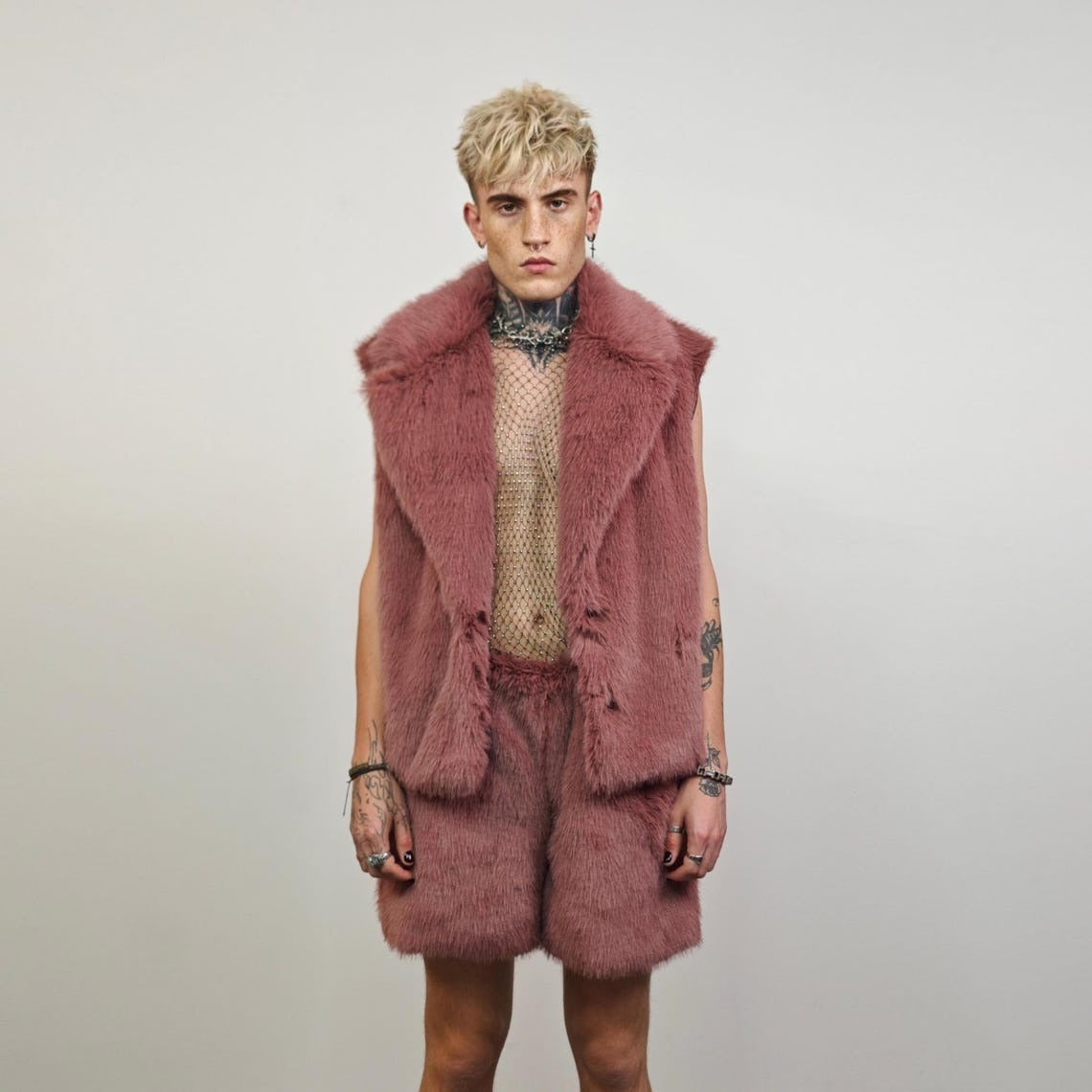 Green faux fur shorts shaggy cropped pants short going out trousers fuzzy grunge joggers handmade luxury festival overalls fleece set