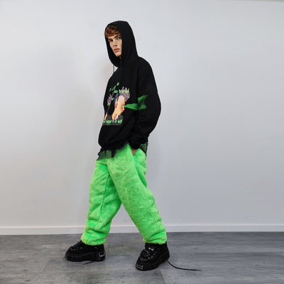 Neon faux fur joggers winter raver pants fluffy skiing trousers mountain fleece overalls festival bottoms burning man pants in green