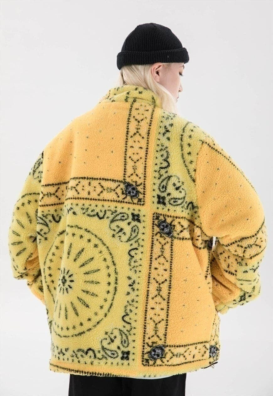 Paisley fleece jacket bandana bomber jacket bright yellow