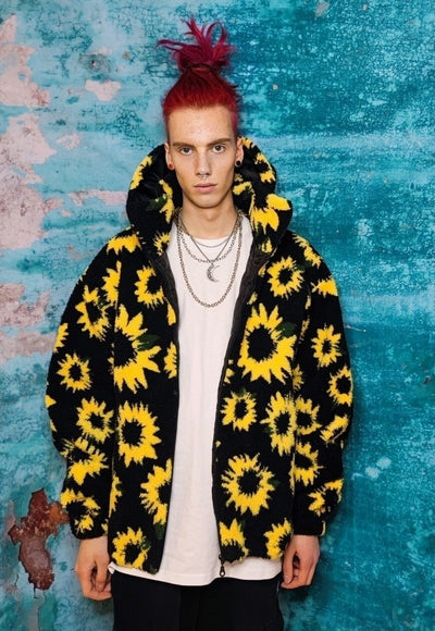 Sunflower fleece hooded jacket handmade floral fluffy coat