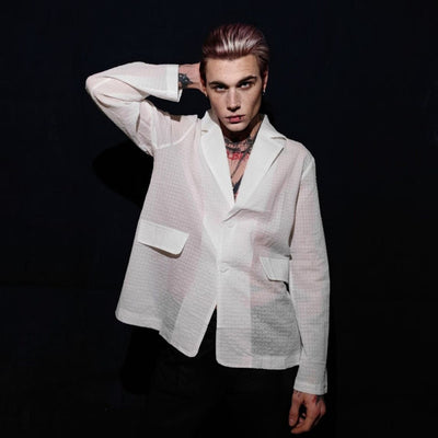 Transparent blazer formal going out sheer jacket see-through fancy dress thin tuxedo rave party coat mesh bomber catwalk jacket in white