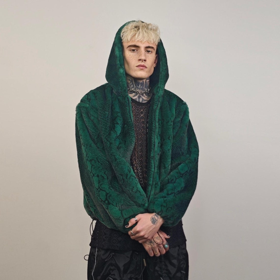 Snake faux fur jacket green hooded short python coat crocodile rave pullover fluffy detachable sleeves festival overcoat burning man fleece
