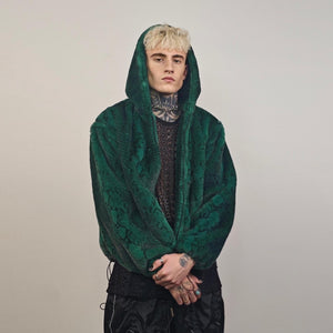 Snake faux fur jacket green hooded short python coat crocodile rave pullover fluffy detachable sleeves festival overcoat burning man fleece