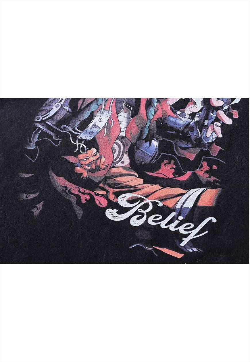 Anime t-shirt Japanese cartoon tee vintage top grey