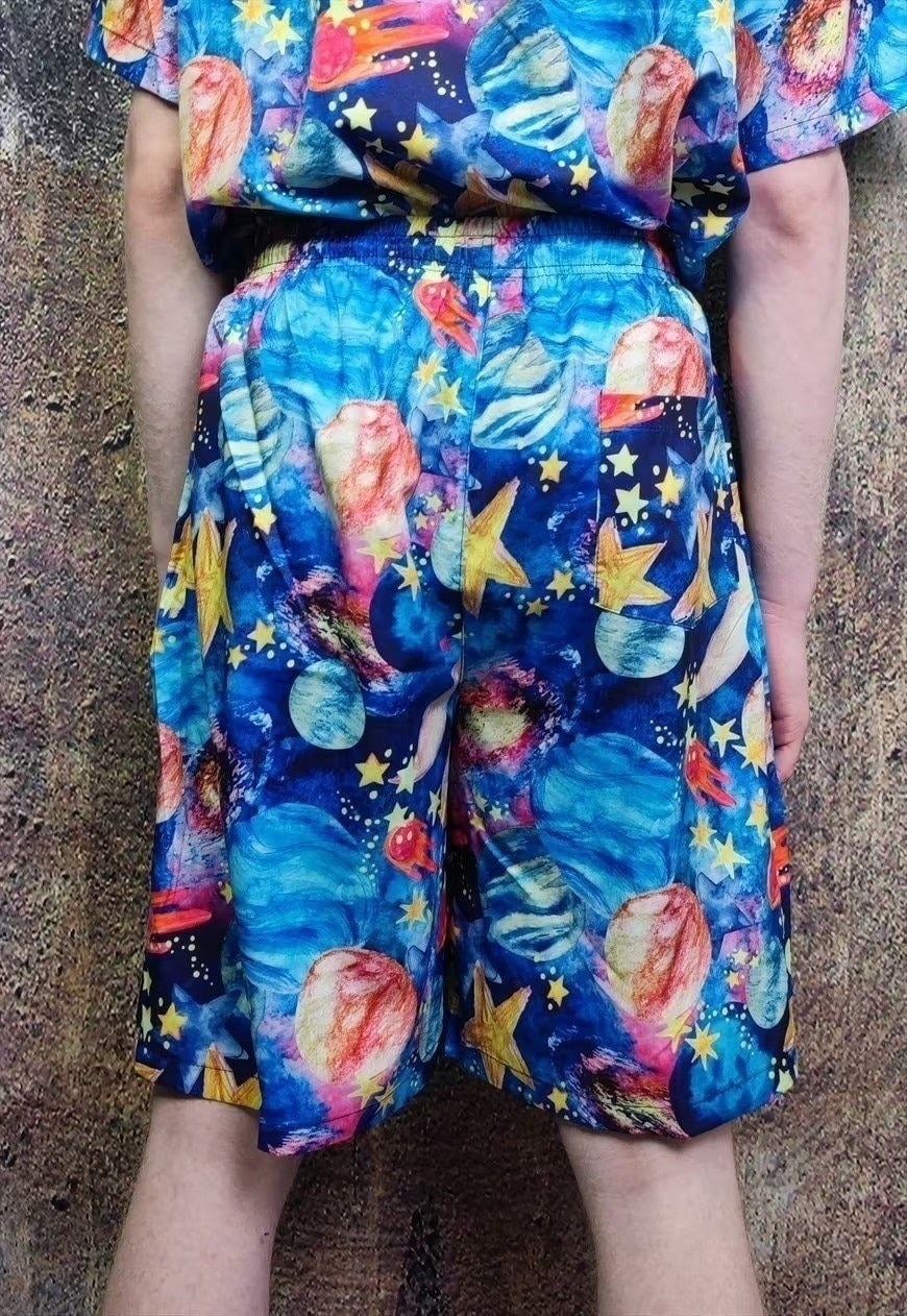 Space shorts night sky print crop board overalls in blue