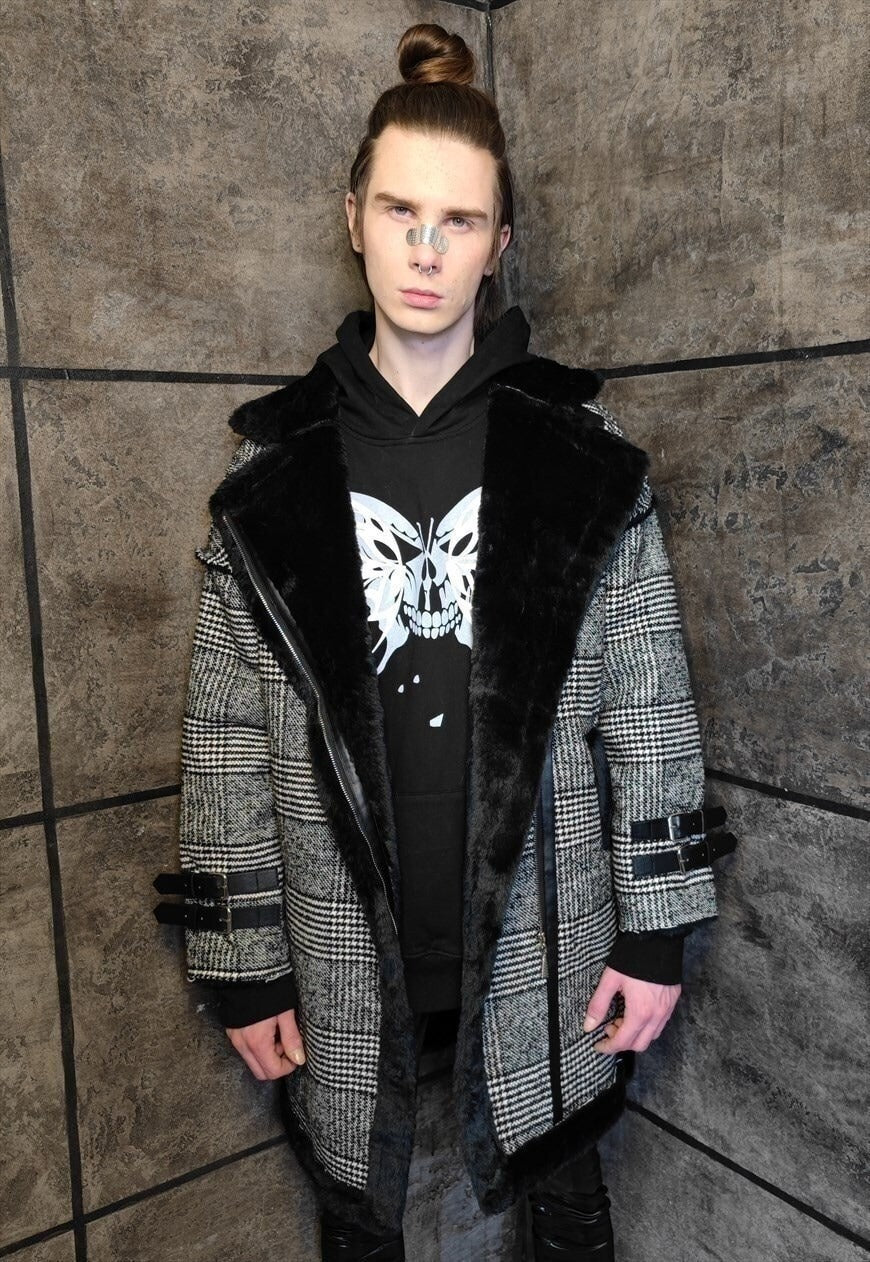 Plaid Trench coat faux fur thickened check overcoat in black