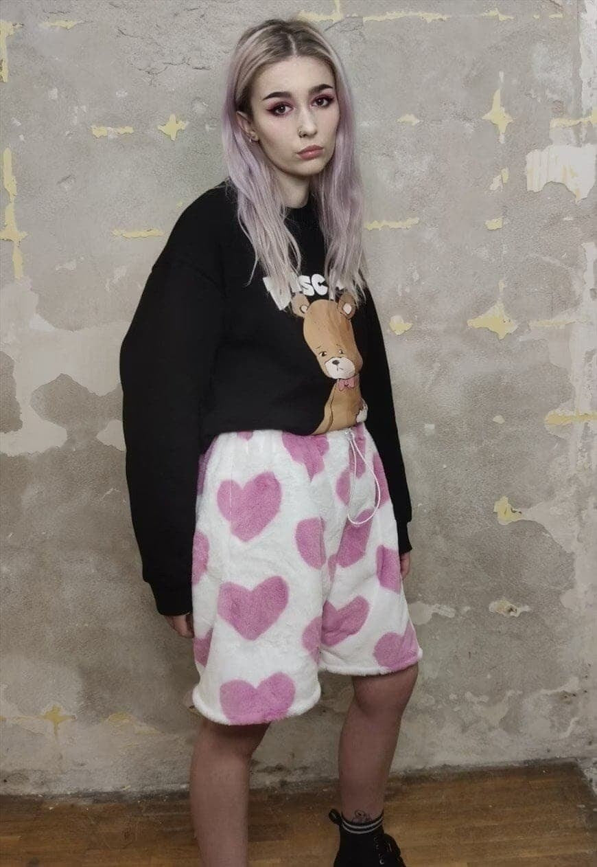 Heart fleece shorts handmade cropped love overalls in pink