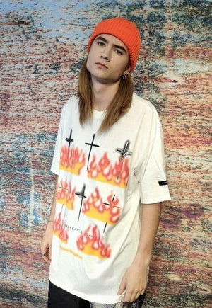 Burning cross t-shirt graffiti flame top grunge tee white