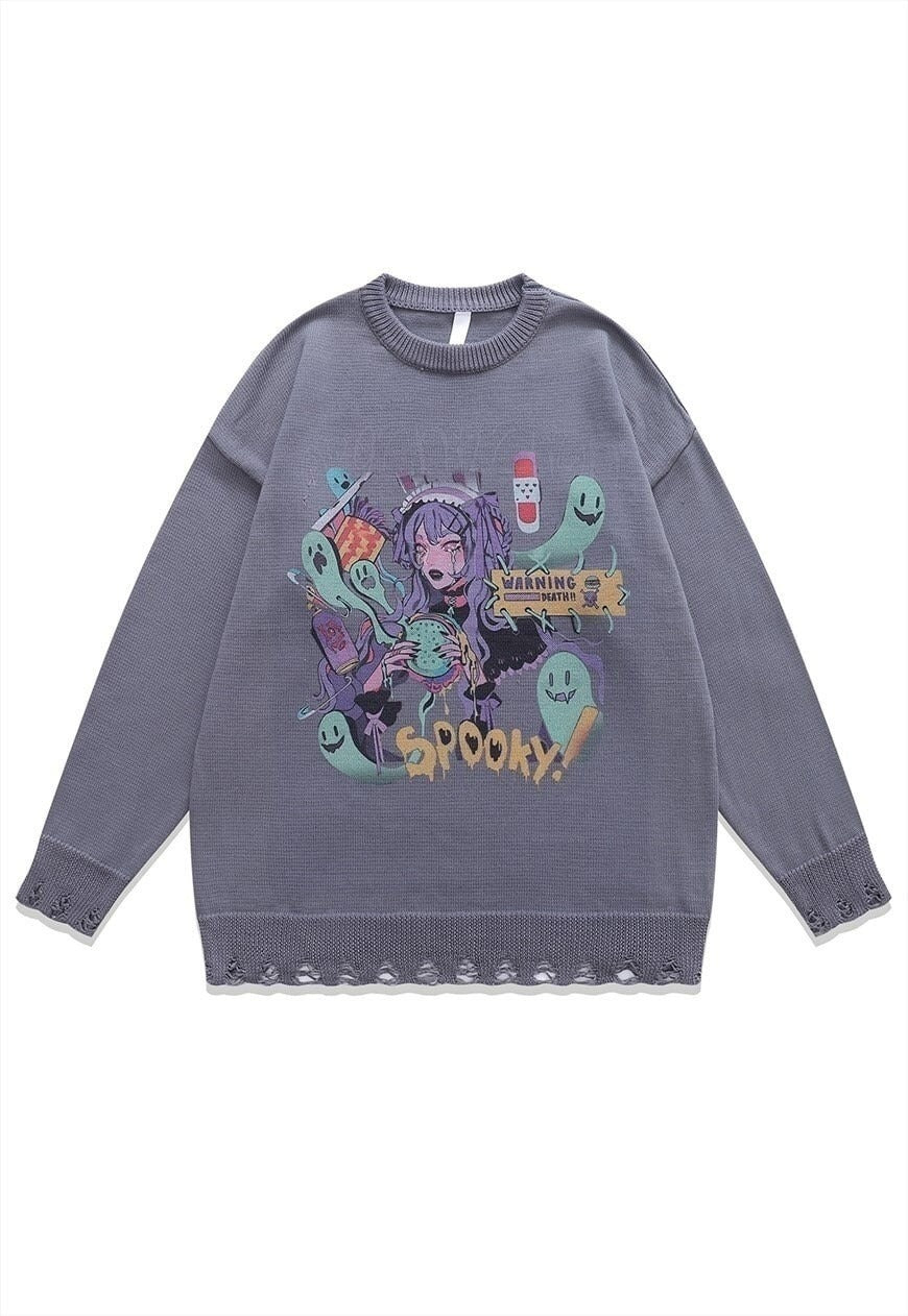 Anime sweater spooky jumper ripped knitted Kawaii top black