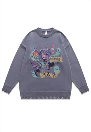 Anime sweater spooky jumper ripped knitted Kawaii top black