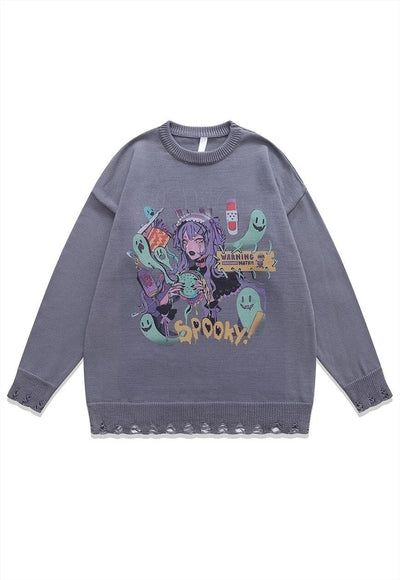 Anime sweater spooky jumper ripped knitted Kawaii top black