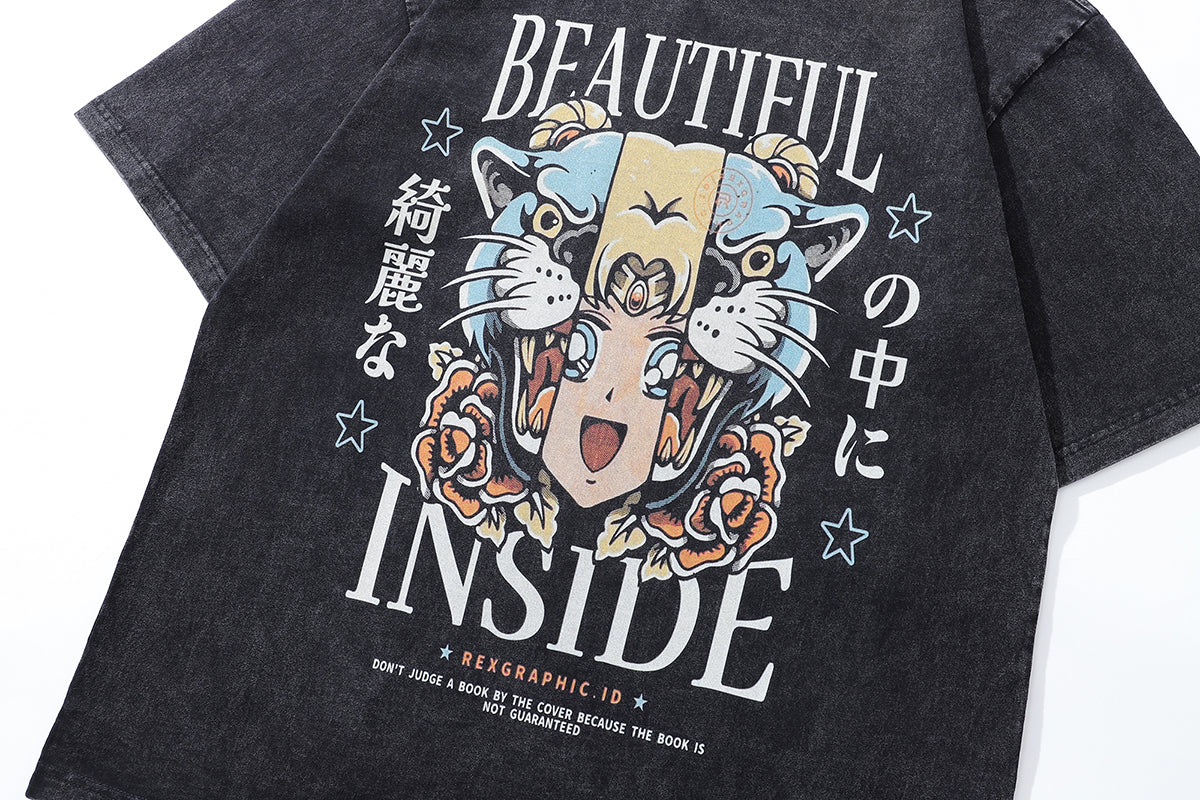 Tiger t-shirt anime print tee Japanese cartoon top in vintage grey