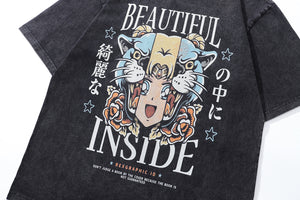 Tiger t-shirt anime print tee Japanese cartoon top in vintage grey