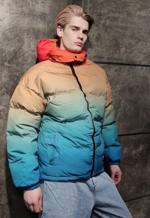 Gradient rainbow bomber tie-dye jacket yellow orange puffer