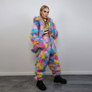 Hooded marshmallow faux fur jacket unicorn coat raver bomber fluffy tie-dye fleece rainbow festival bomber burning man going out trench pink