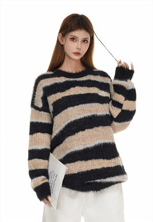 Striped sweater fluffy punk jumper Gothic fuzzy top in green