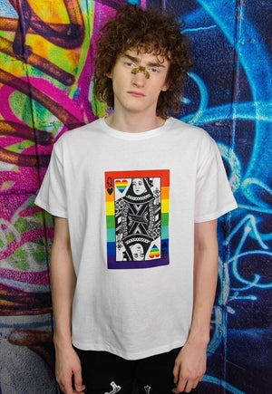 Gay Queen t-shirt LGBT rainbow heart tee Pride top in white