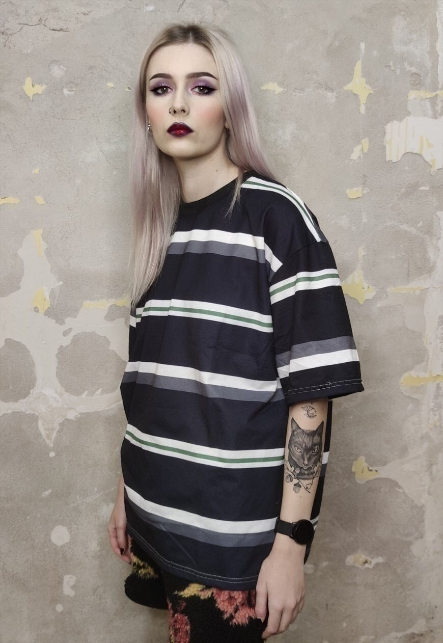 Retro stripe t-shirt thin zigzag tee in black purple
