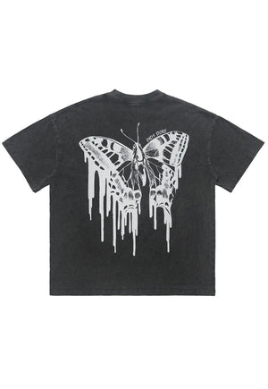 Butterfly print t-shirt moth tee retro gothic top acid grey