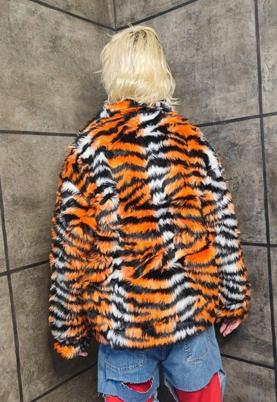 Tiger fleece jacket fauxfur zebra coat tie-dye bomber orange