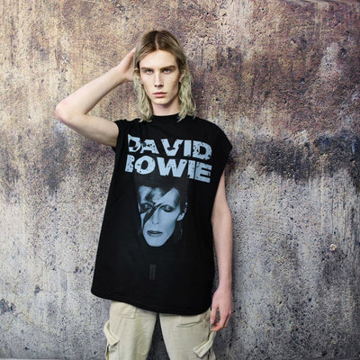 David Bowie sleeveless t-shirt Ziggy Stardust tank rock singer print tee glam rock top retro surfer vest in black