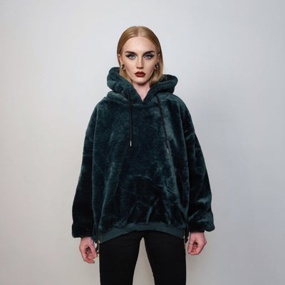 Hooded fleece jacket utility fluffy pullover faux fur punk hoodie side zippers lined Gothic jumper raver top in emerald green