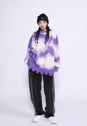 Cloud print sweater ripped knitwear jumper rave top purple