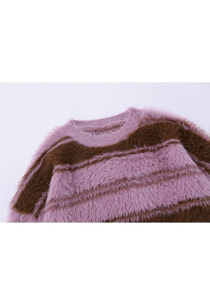 Striped sweater fluffy knitted jumper soft fleece in pink